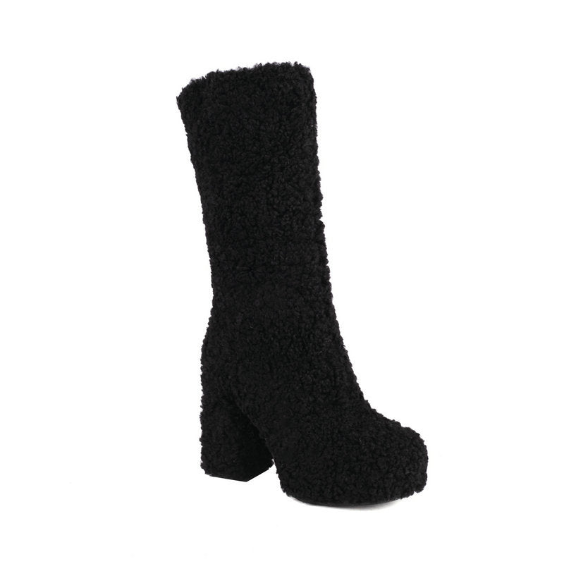 black Mid calf furry shearling boots warm plush lined boots