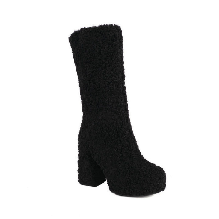 black Mid calf furry shearling boots warm plush lined boots