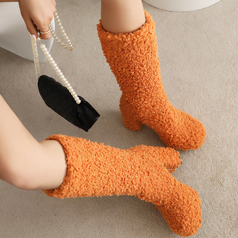 orange Mid calf furry shearling boots warm plush lined boots