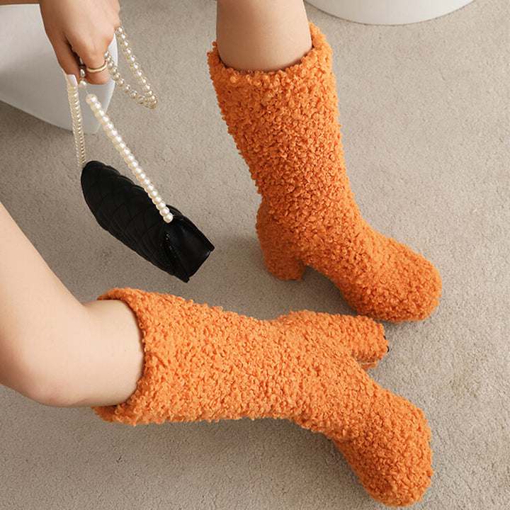 orange Mid calf furry shearling boots warm plush lined boots