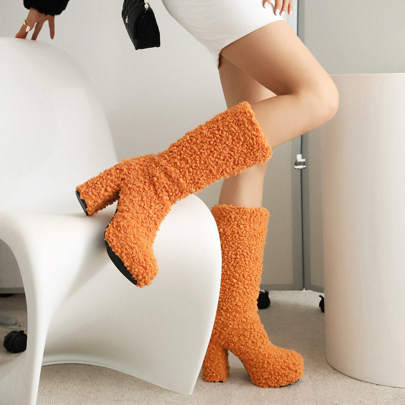 orange Mid calf furry shearling boots warm plush lined boots
