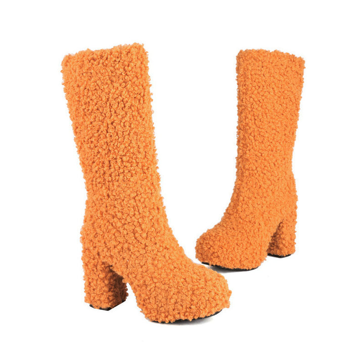 orange Mid calf furry shearling boots warm plush lined boots