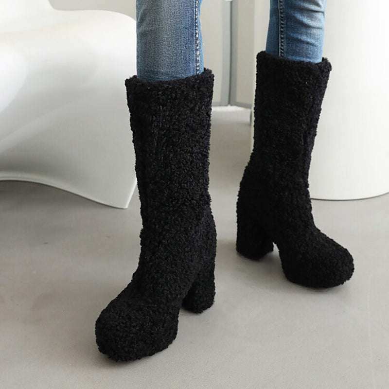 black Mid calf furry shearling boots warm plush lined boots