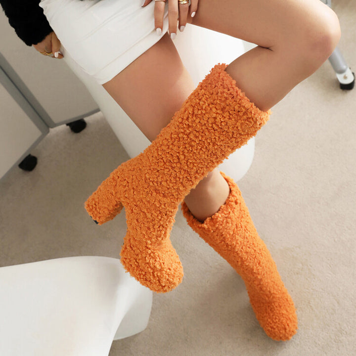 orange Mid calf furry shearling boots warm plush lined boots