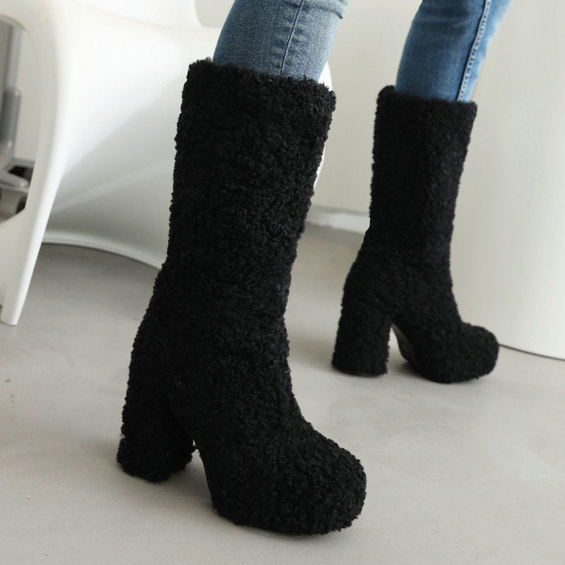 Mid calf furry shearling boots warm plush lined boots