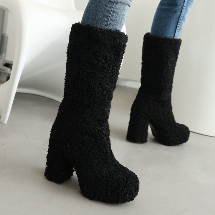 Mid calf furry shearling boots warm plush lined boots