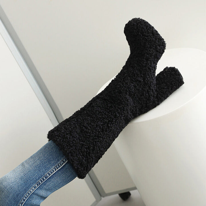 black Mid calf furry shearling boots warm plush lined boots