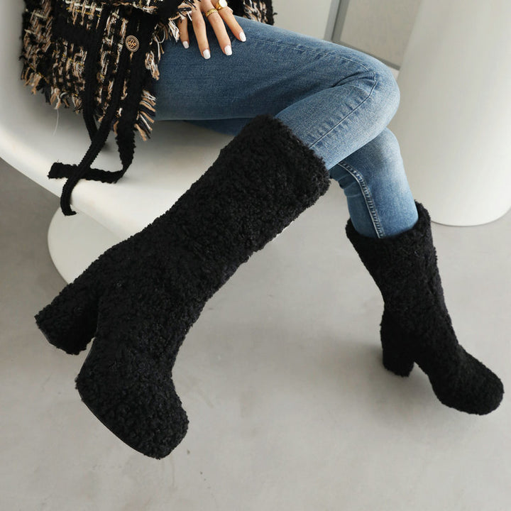 black Mid calf furry shearling boots warm plush lined boots