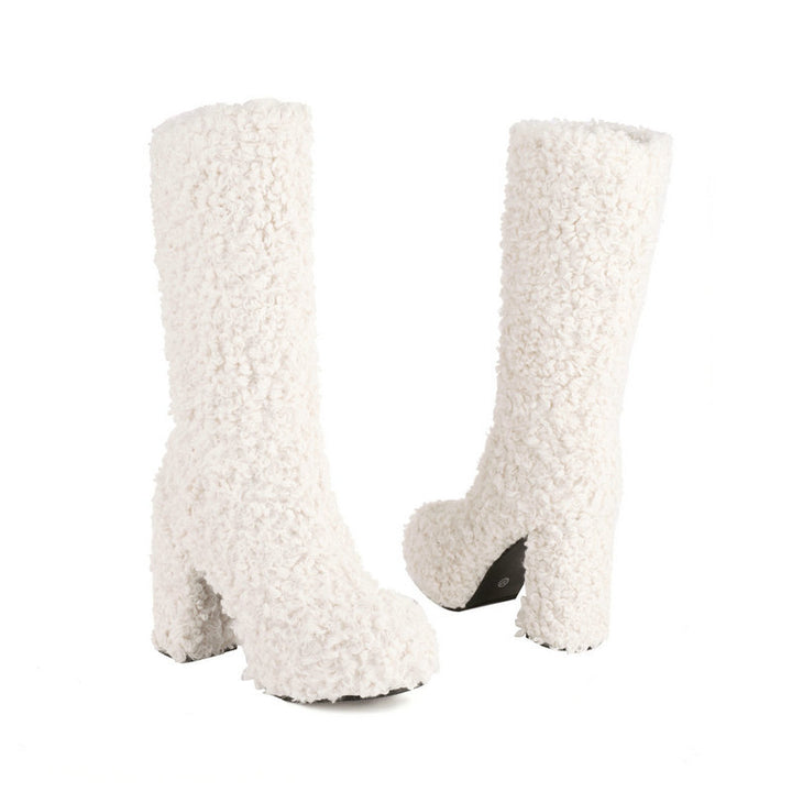 white Mid calf furry shearling boots warm plush lined boots
