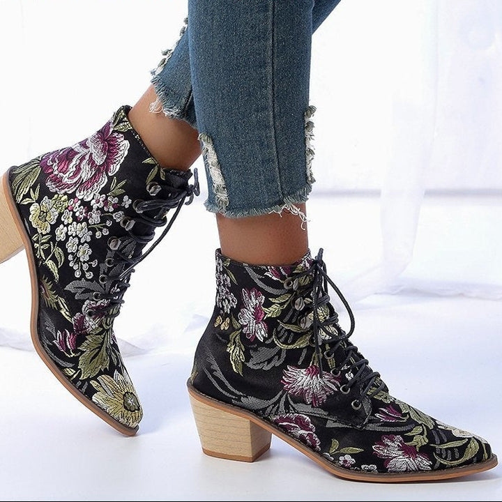 Women Embroidery Chunky Lace Up Heeled Boots