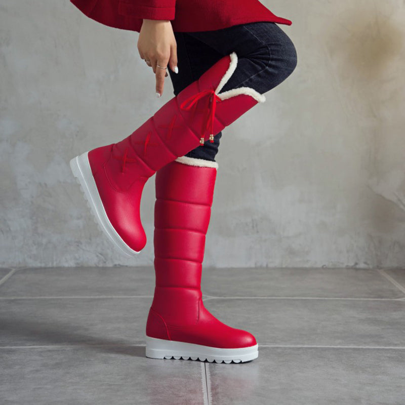 red Cute side tie-up long warm boots for winter
