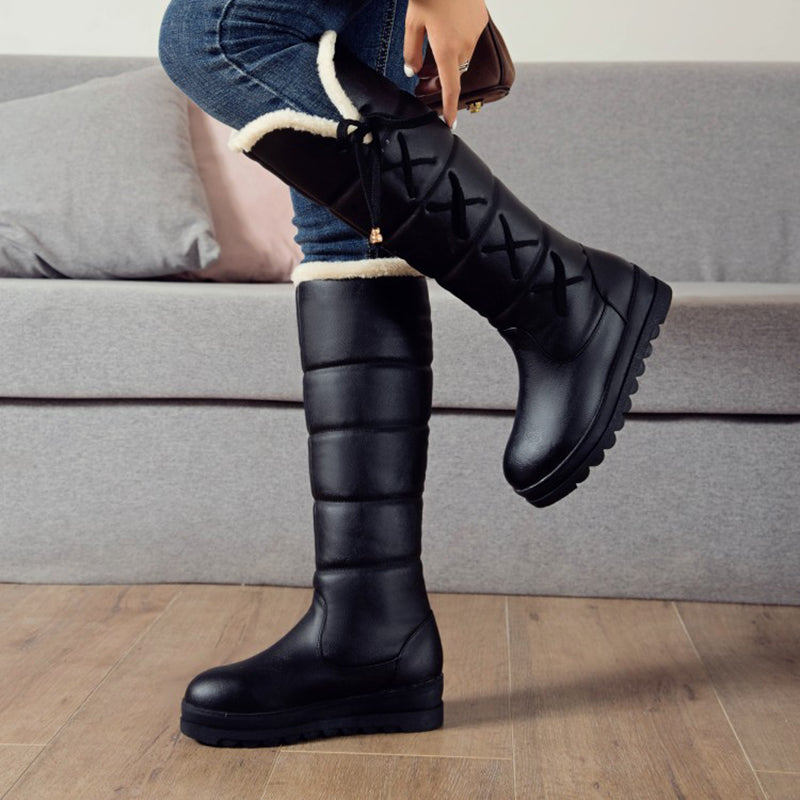black Cute side tie-up long warm boots for winter