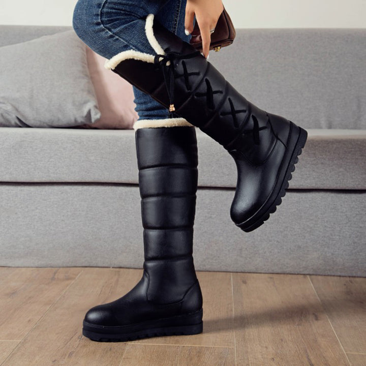 black Cute side tie-up long warm boots for winter