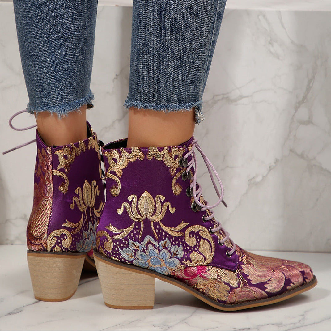 Women Embroidery Chunky Lace Up Heeled Boots