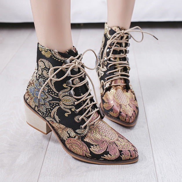 Women Embroidery Chunky Lace Up Heeled Boots