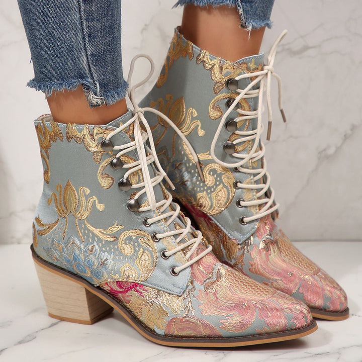 Women Embroidery Chunky Lace Up Heeled Boots