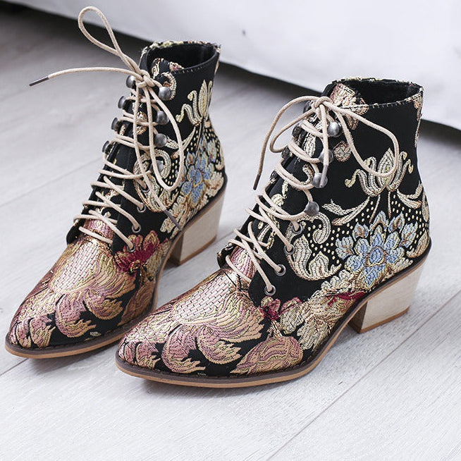 Women Embroidery Chunky Lace Up Heeled Boots