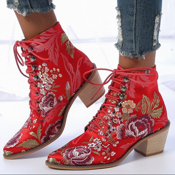 Women Embroidery Chunky Lace Up Heeled Boots