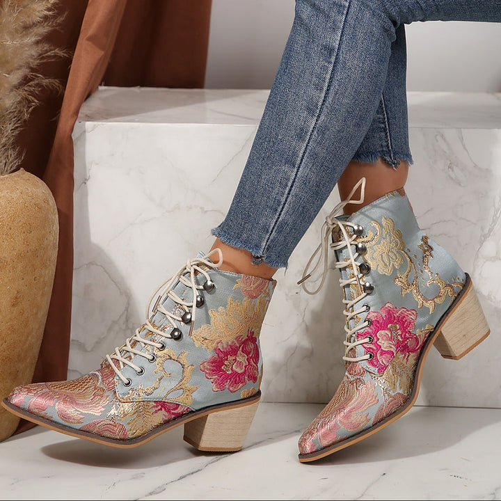 Women Embroidery Chunky Lace Up Heeled Boots