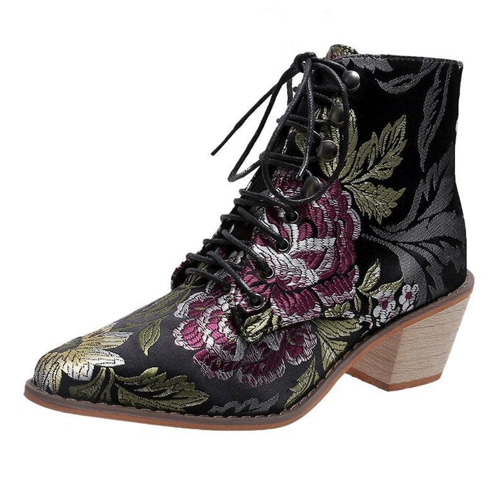 Women Embroidery Chunky Lace Up Heeled Boots