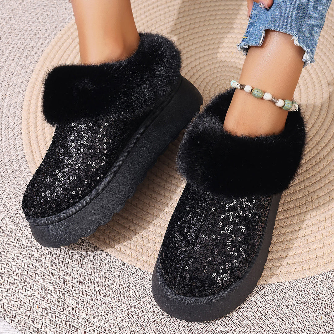 Women's sequins warm plush booties slippers indoor outdoor anti-slip