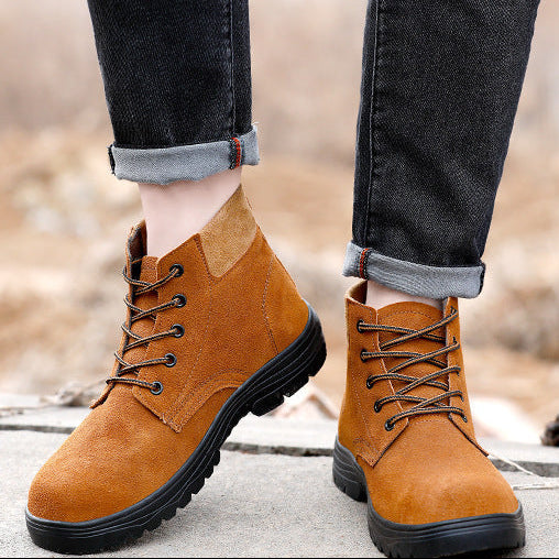Thick plush lined lace-up work combat boots for men | Chunky low heel anti-skid shoes