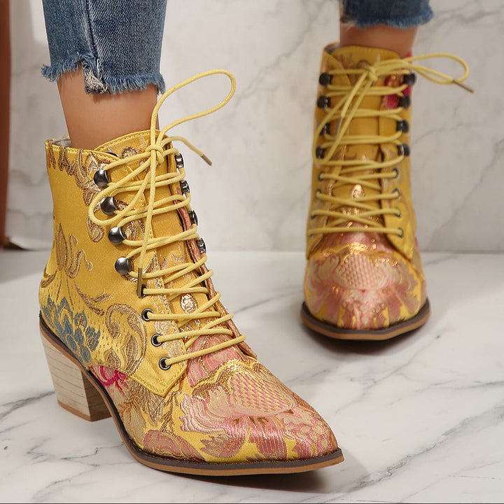 Women Embroidery Chunky Lace Up Heeled Boots