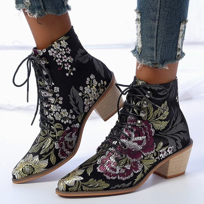 Women Embroidery Chunky Lace Up Heeled Boots
