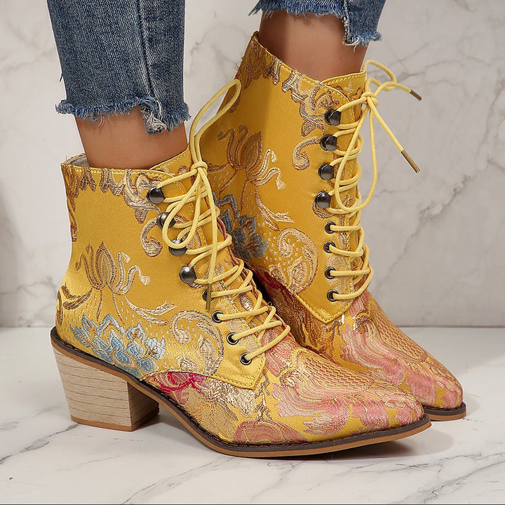 Women Embroidery Chunky Lace Up Heeled Boots