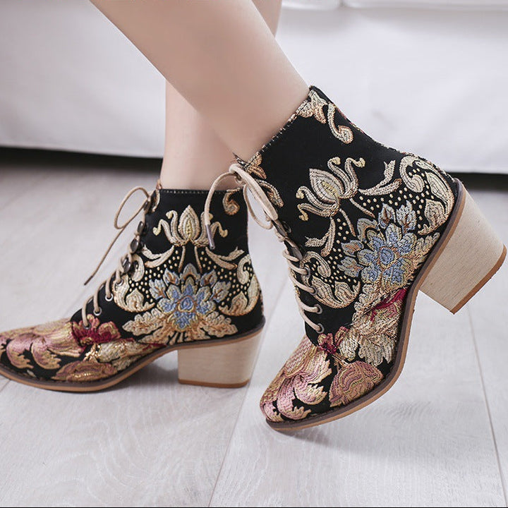 Women Embroidery Chunky Lace Up Heeled Boots
