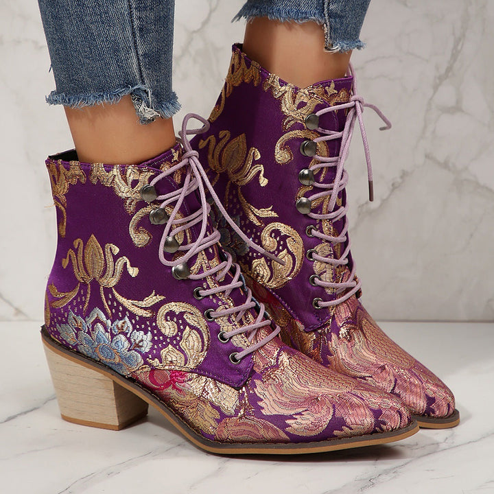 Women Embroidery Chunky Lace Up Heeled Boots