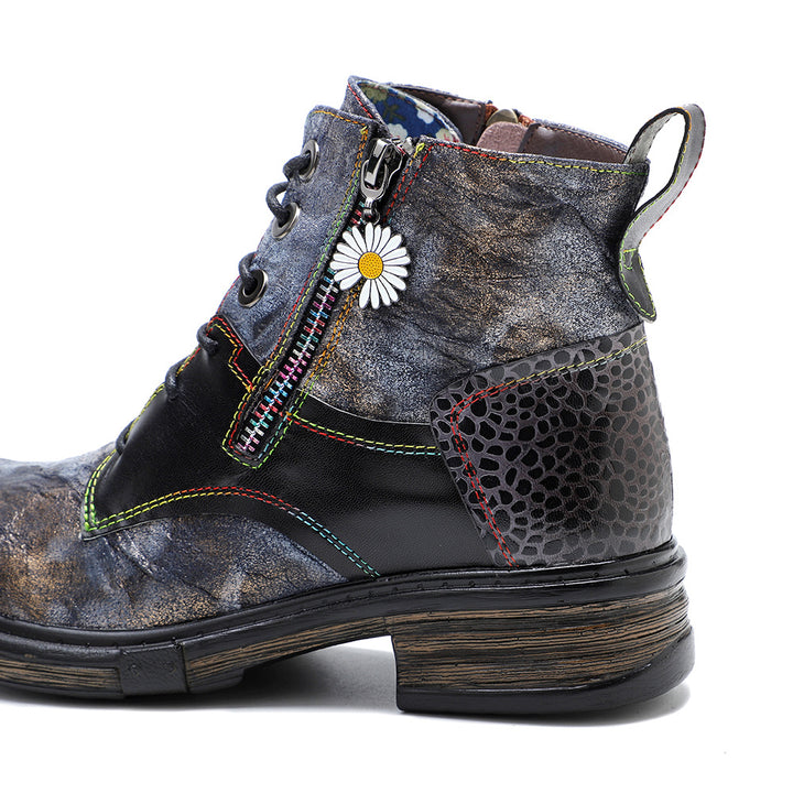 Women's vintage handmade leather combat boots with daisy decor