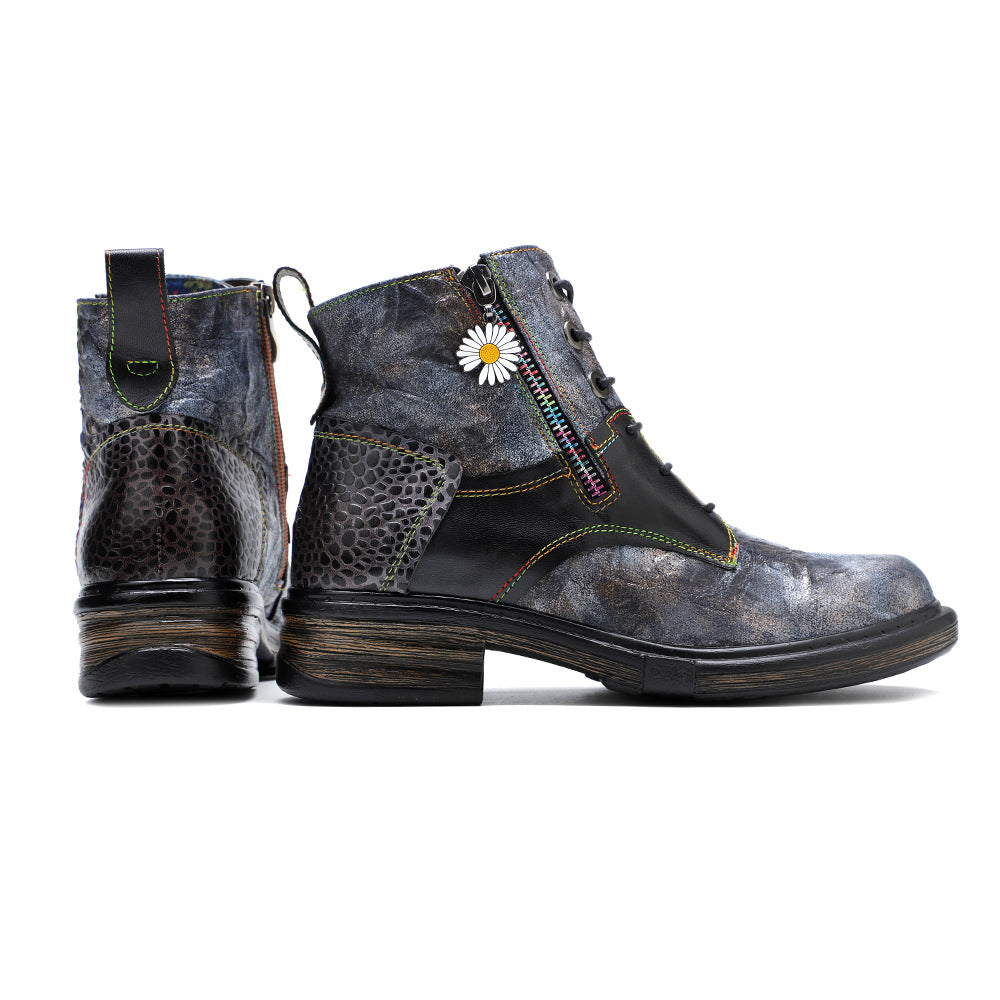 Women's vintage handmade leather combat boots with daisy decor