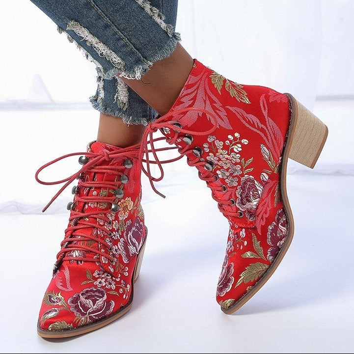 Women Embroidery Chunky Lace Up Heeled Boots
