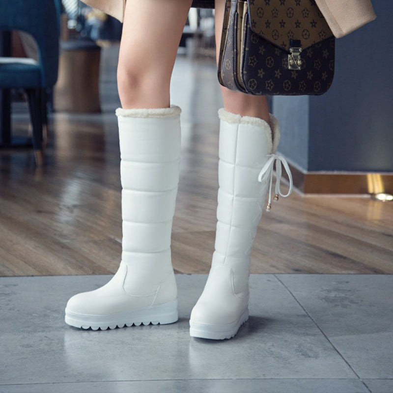 white Cute side tie-up long warm boots for winter