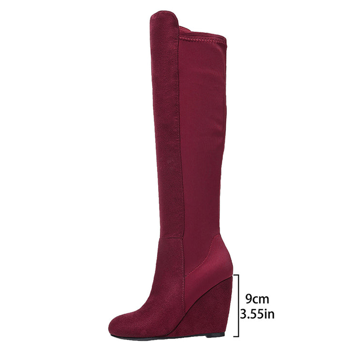 burgundy Over the knee wedge heels boots