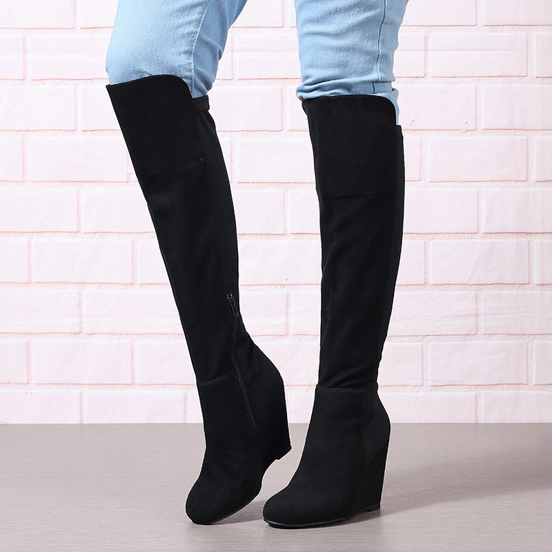 black Over the knee wedge heels boots