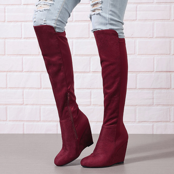 burgundy Over the knee wedge heels boots