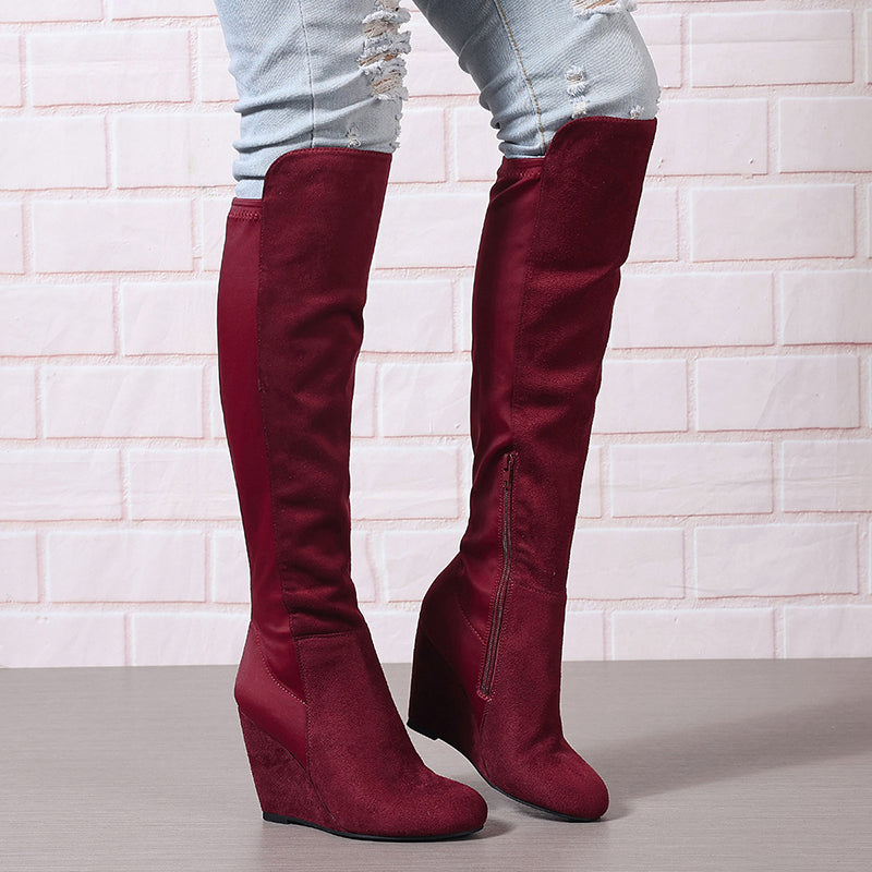 burgundy Over the knee wedge heels boots
