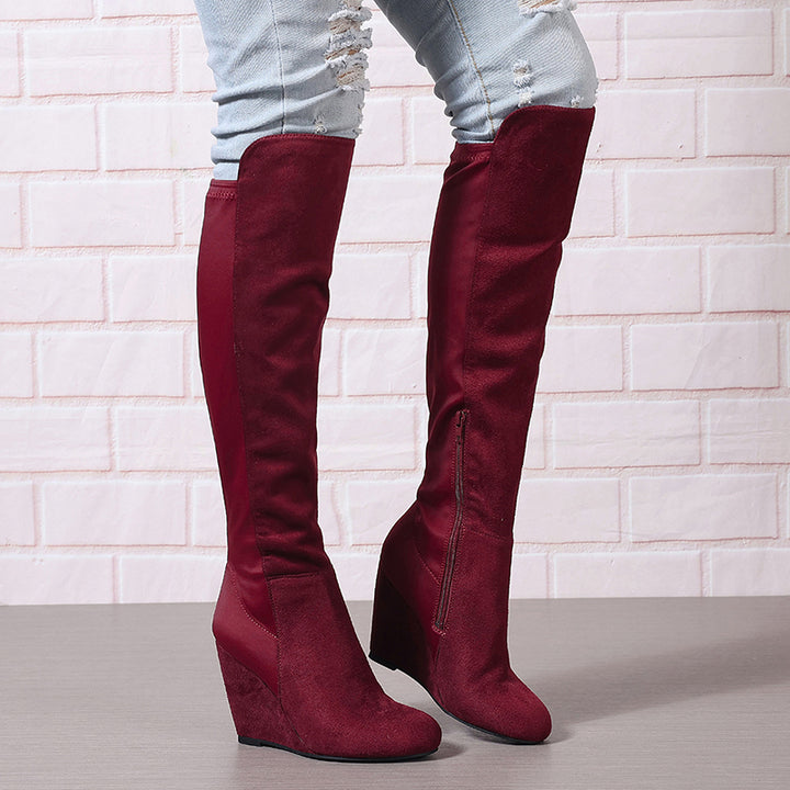 burgundy Over the knee wedge heels boots