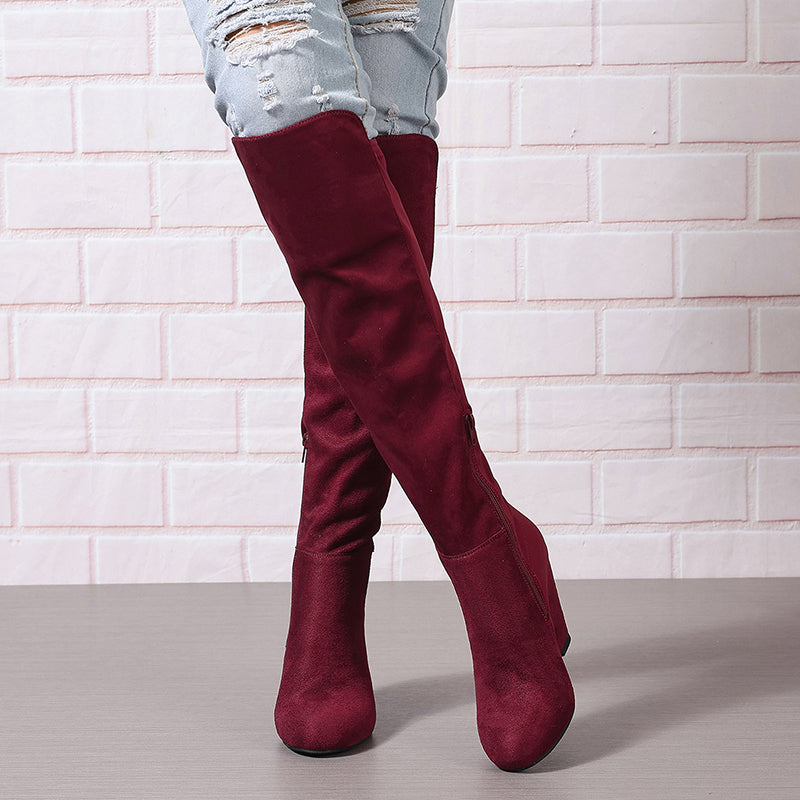 burgundy Over the knee wedge heels boots