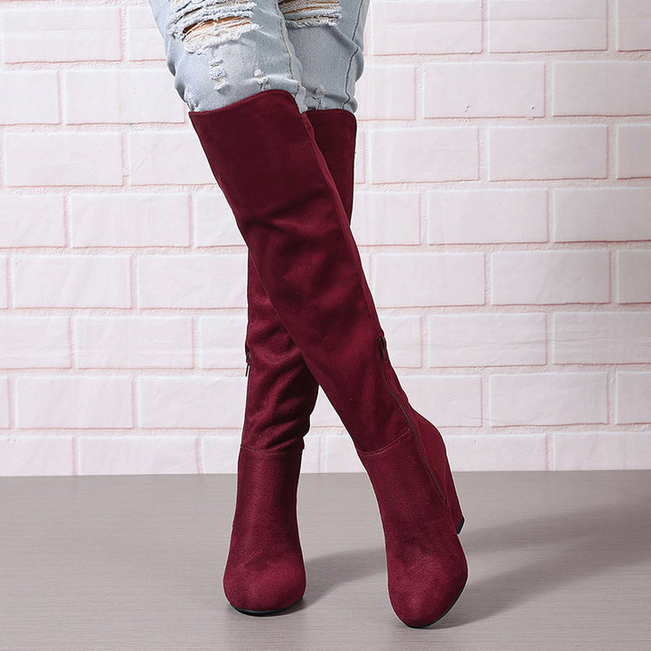 burgundy Over the knee wedge heels boots