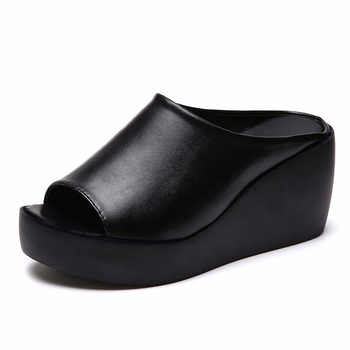 Peep toe platform wedge slide sandals