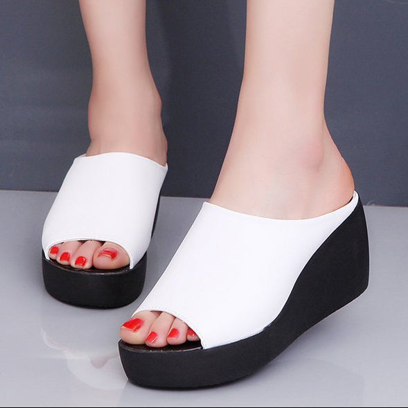 Peep toe platform wedge slide sandals