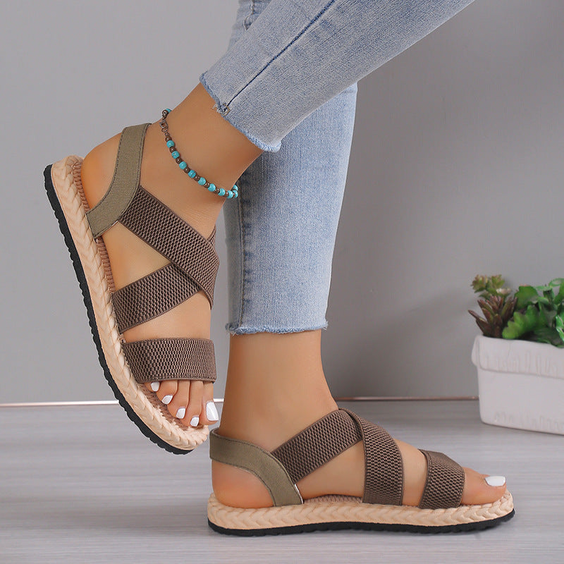 Peep toe elastic strappy stretch sandals