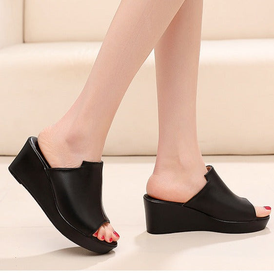 Peep toe platform wedge heels slip on mules