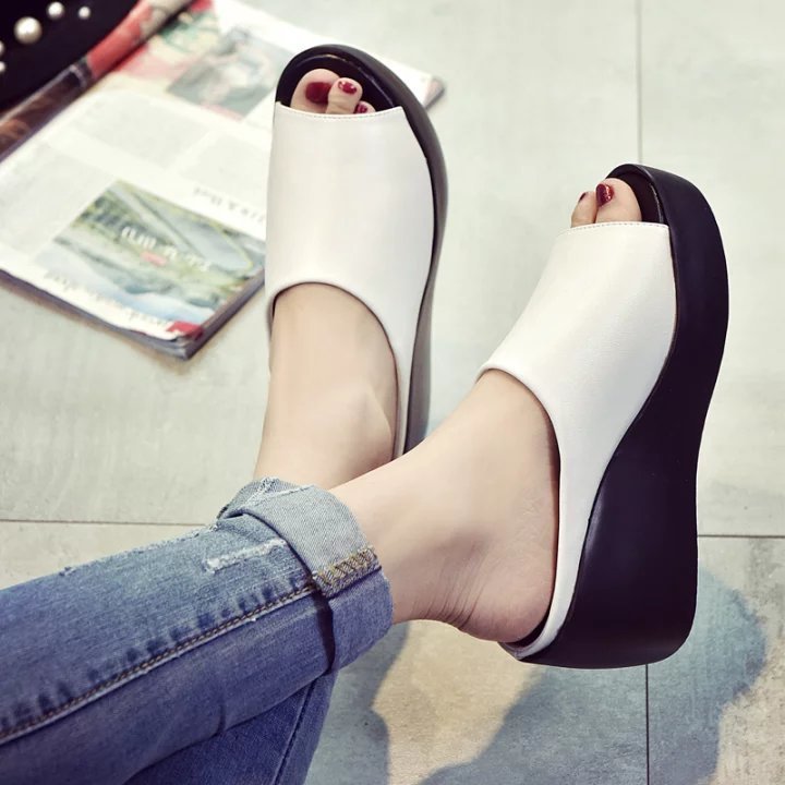 Peep toe platform wedge slide sandals