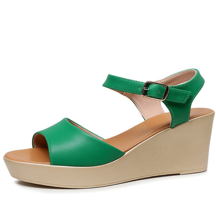 Peep toe wedge sandals with buckle ankle strap