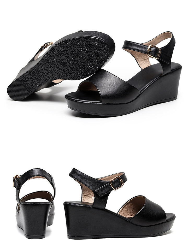 Peep toe wedge sandals with buckle ankle strap
