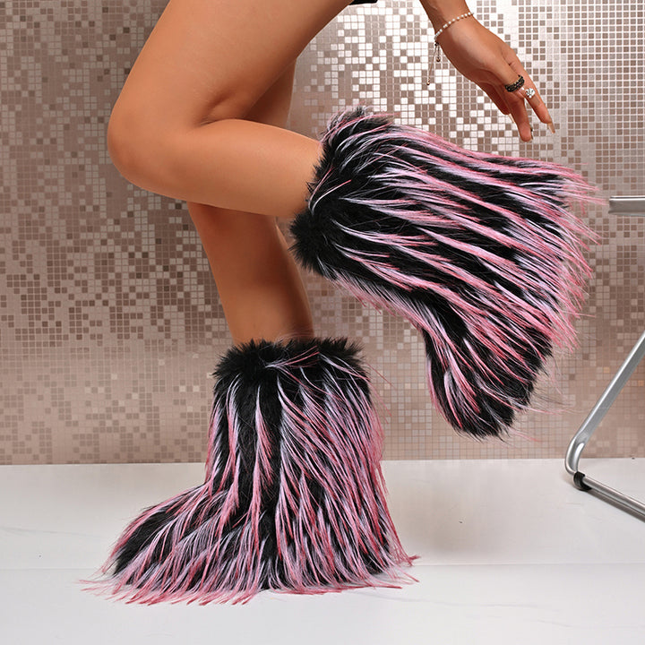 pink Pink and black fluffy short snow boots